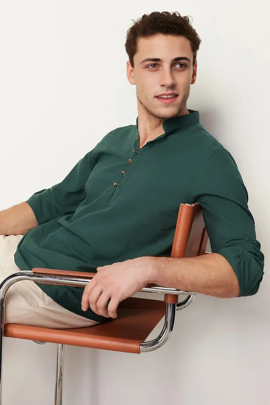 Slim Fit Long Sleeve Half Placket Mandarin Collar Shirt - WOVCOR