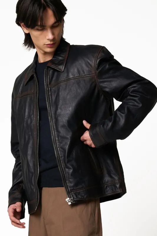 Real Washed Leather Harrington Jacket - Barneys Originals