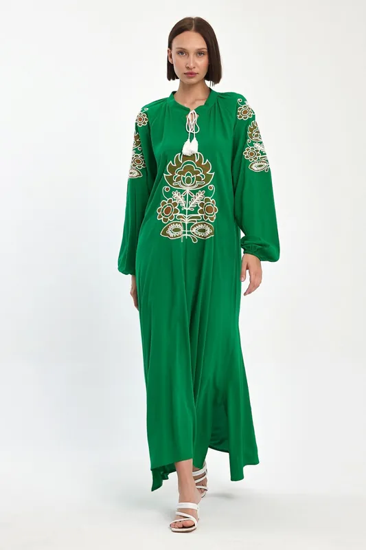 Embroidered Maxi Dress with Tie Neck Detail in Green - Belissh