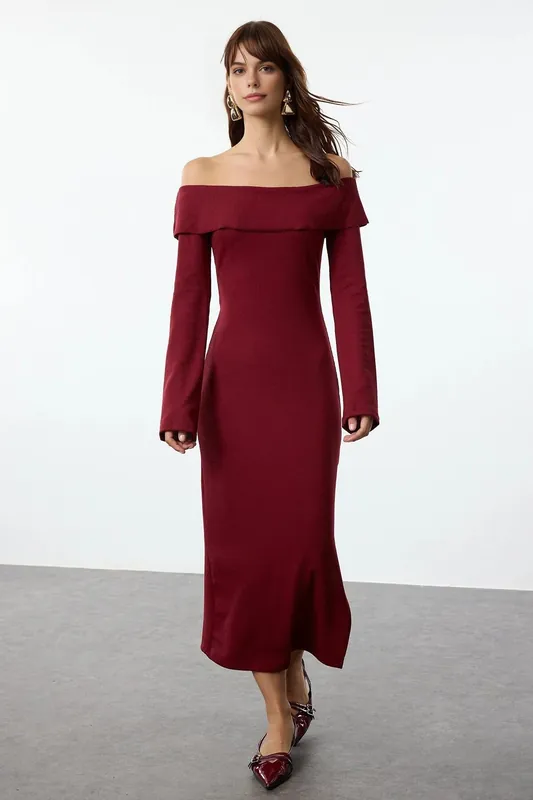 Off Shoulder Soft Textured Midi Knit Pencil Dress - WOVCOR