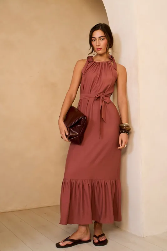 Rust Tie Shoulder Trapeze Maxi Dress - Gini London