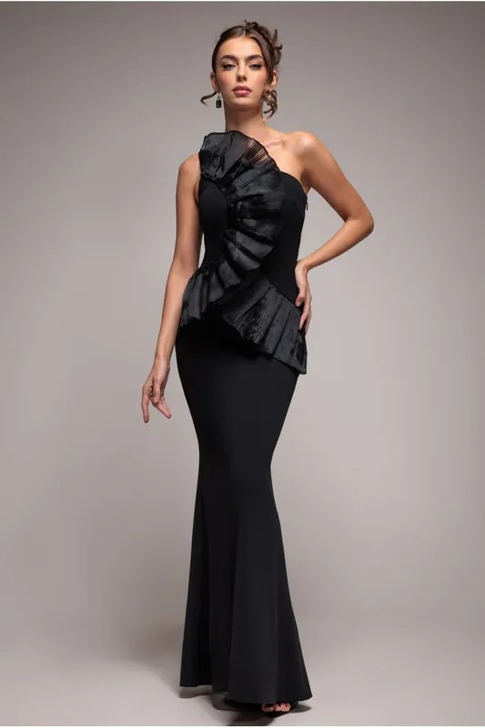 One Shoulder Pleated Fan Maxi Dress - Goddiva