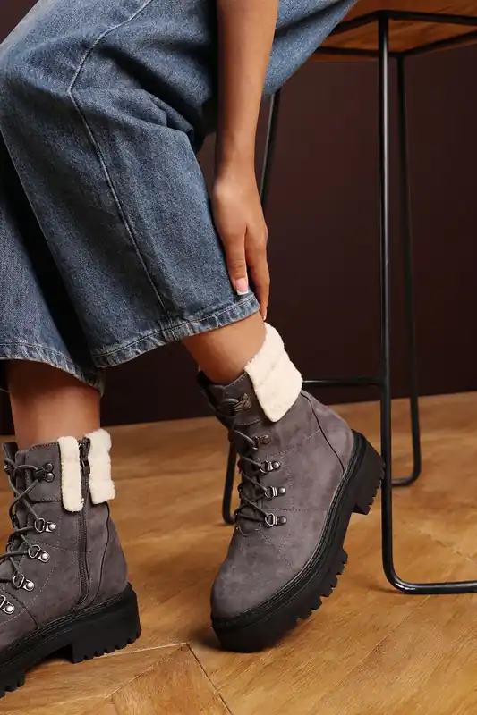 Alia' Suede Lace-Up Ankle Boots with Faux Fur Lining and Chunky Sole