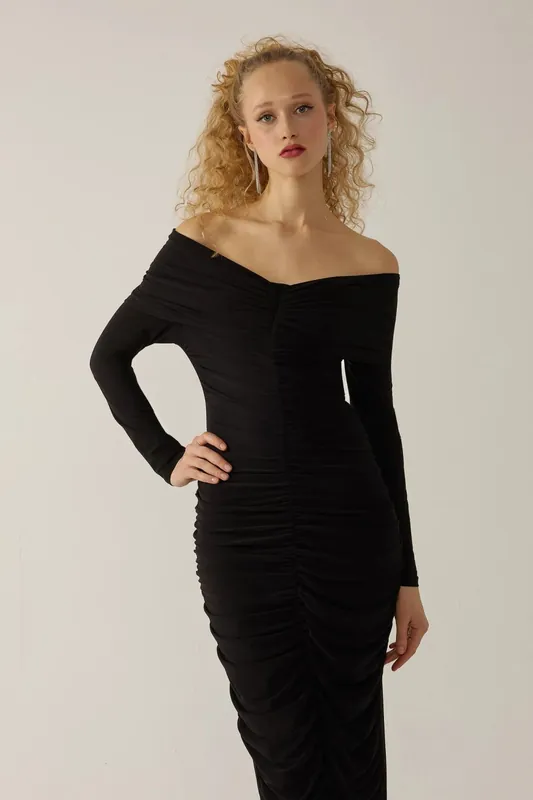 Off Shoulder Draped Bodycon Maxi Dress - Hiccup
