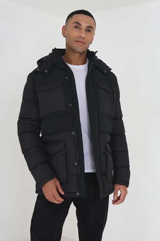 Mixed Fabric Hooded Puffer Parka Jacket - Brave Soul