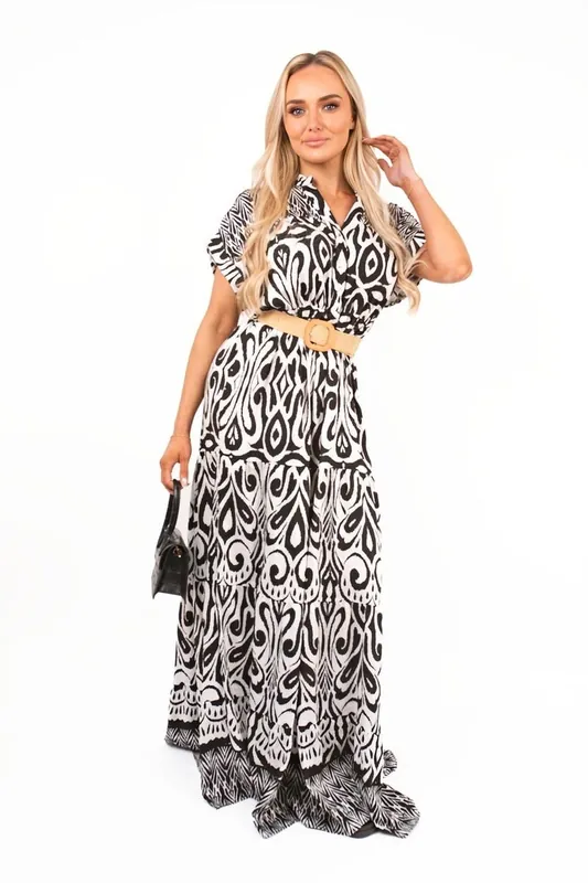 Amelina Button Down Printed Maxi Shirt Dress With Waist Detail - IKRUSH