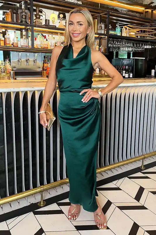 Teal Satin Cowl Neck Cross Back Midi Dress - AX Paris