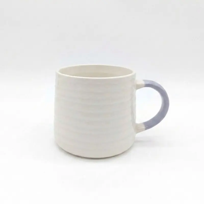 Ceramic Coffee Tea Mug 13oz Ribbing Textured Grey Painted Handle x4 - Glim & Glam