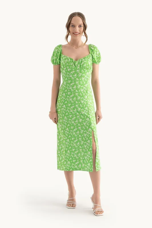 Floral Sweetheart Neck Puff Sleeves Midi Dress with a Side Slit - Hiccup