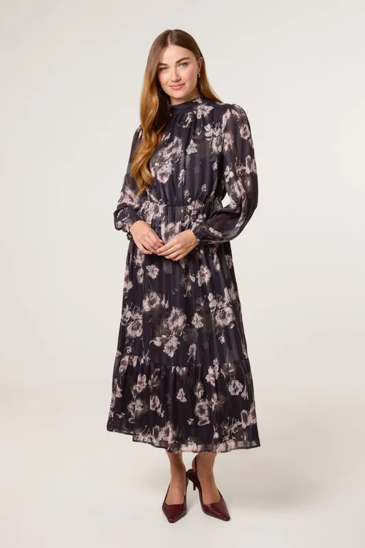 Black High Neck Floral Puffball Pleated Midi Dress - Blue Vanilla