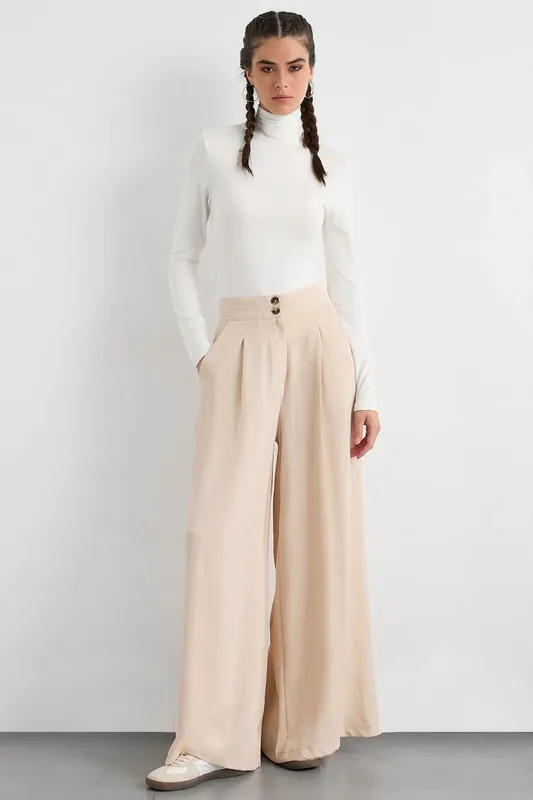 High-Waist Super Wide Leg Trousers with Button Detail