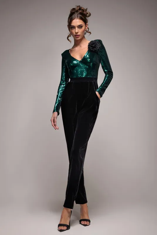 Liquid Sequin Jumpsuit With Corsage - Goddiva