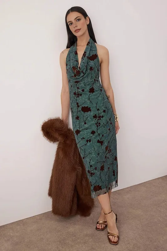 Floral Halterneck Draped Knit Tulle Midi Dress - WOVCOR