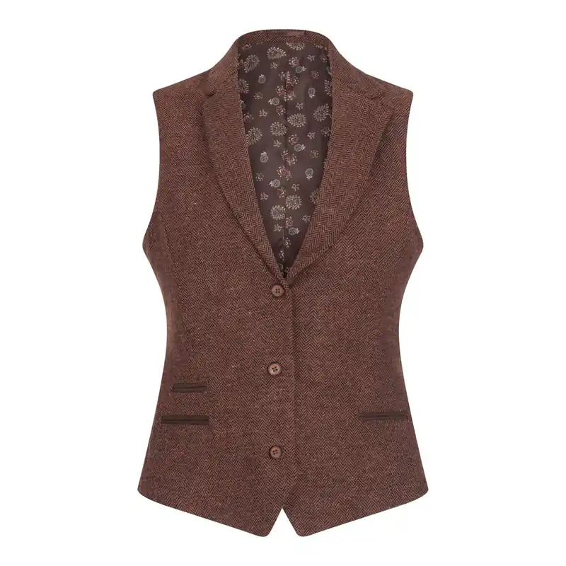 Women's Herringbone Wool Tweed Check Waistcoat - Infinity Leather