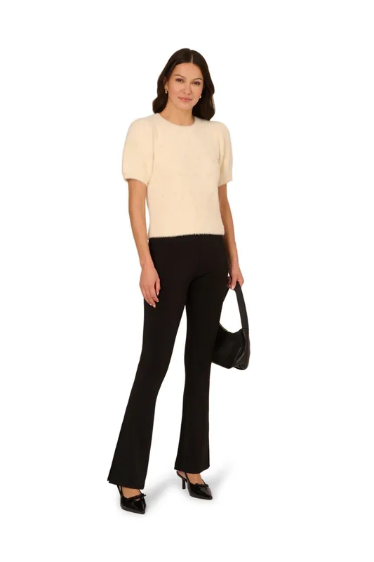 Crew Neck Pearl Embellished Short Sleeve Fuzzy Sweater - Adrianna Papell