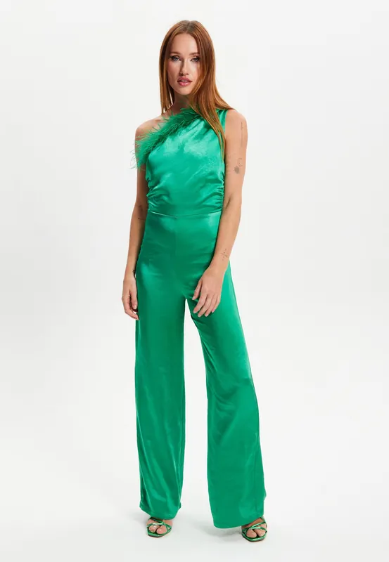 One Shoulder Fur Detail Jumpsuit in Green - Liquorish