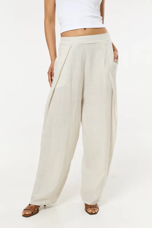 Beige Linen Wide Leg Trousers - Liquorish