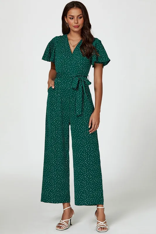 Dot Print Wrap Top Jumpsuit In Green - FS Collection