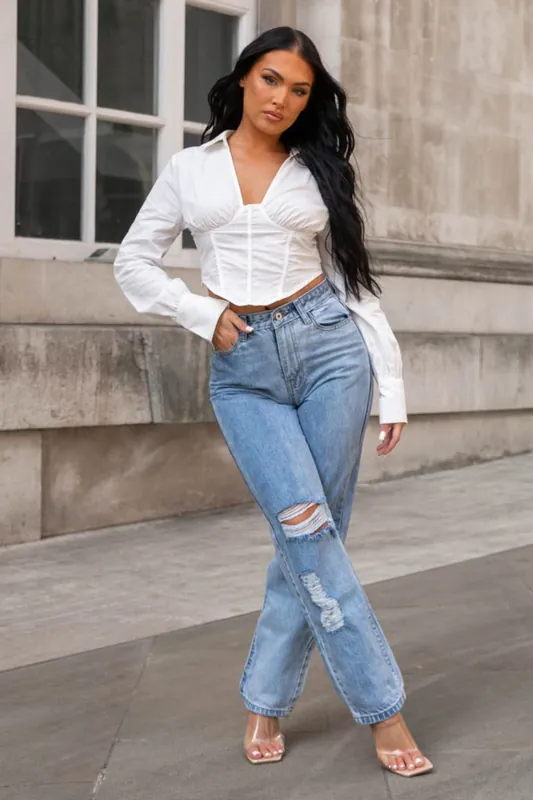 Blue Light Wash Distressed Denim Mom Jeans - Femme Luxe