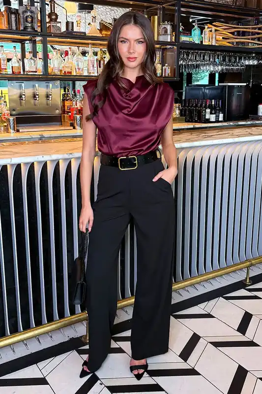 Dark Plum 2 in 1 Draped Neck Belted Wide Leg Jumpsuit - AX Paris