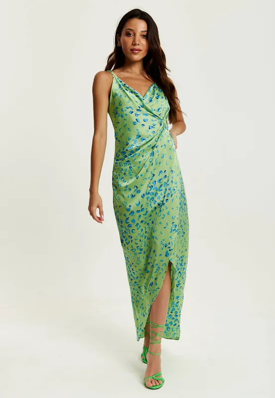 Animal Print Maxi Wrap Dress In Mint And Blue - Liquorish