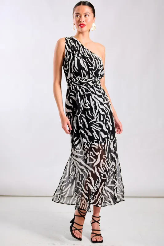 Black Animal One Shoulder Midi Dress - Needs No Label