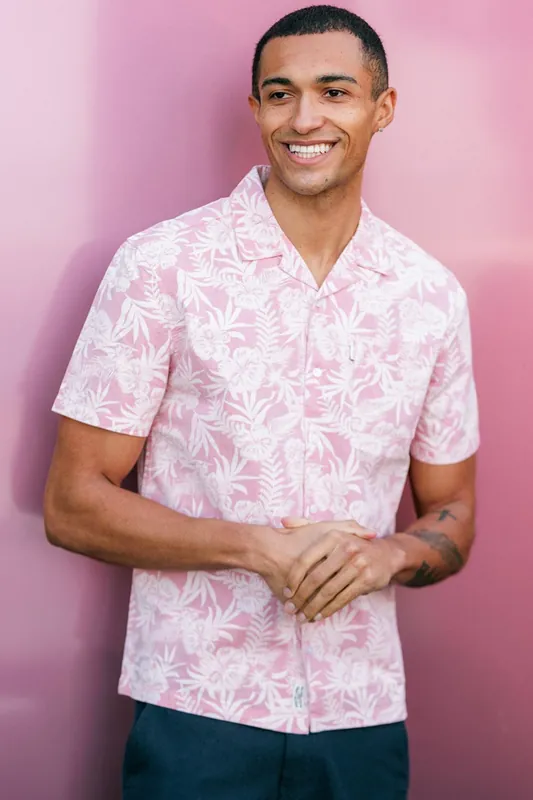 Cotton Short Sleeve Button-Up Tropical Print Shirt