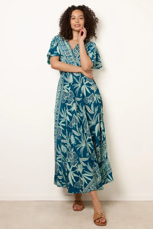 Teal Wrap Over Angel Sleeve Shirred Maxi Dress - Blue Vanilla