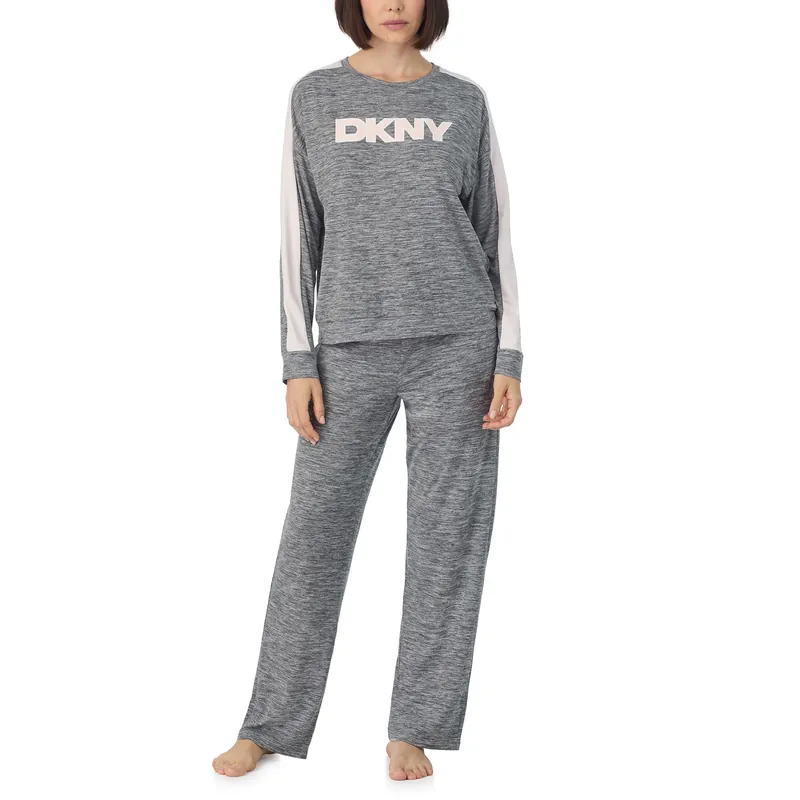 Long sleeve top and pant lounge set in iron gate cationic - DKNY