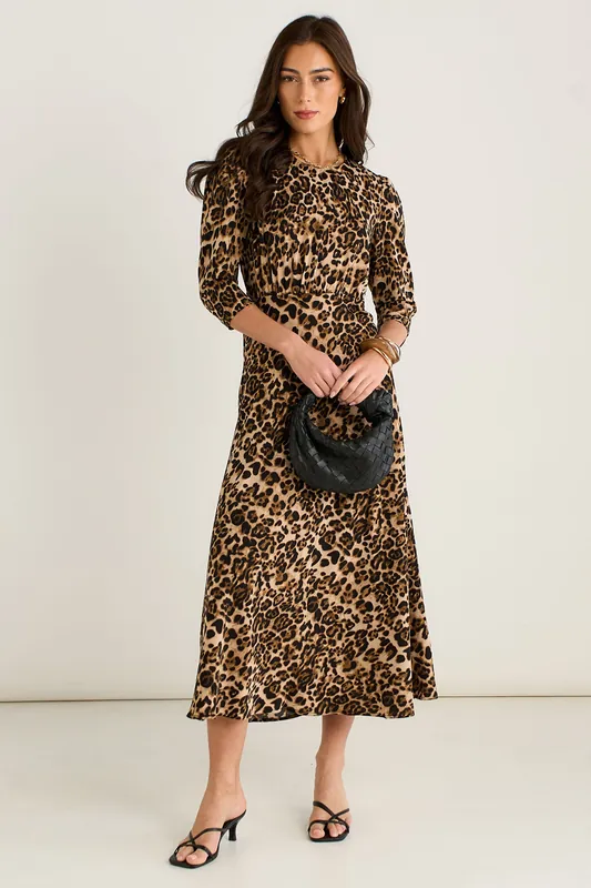 Brown Animal Print Satin Animal Shift Midi Dress - Gini London