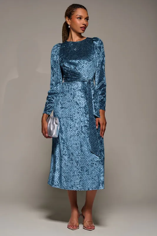 Long Sleeve Velvet Tie Detail Midi Dress - Jolie Moi