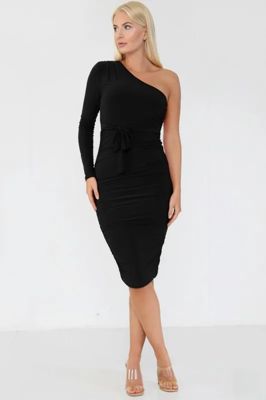 BLACK RUCHED DETAILING ONE SHOULDER BODYCON MIDI DRESS - AVINCI