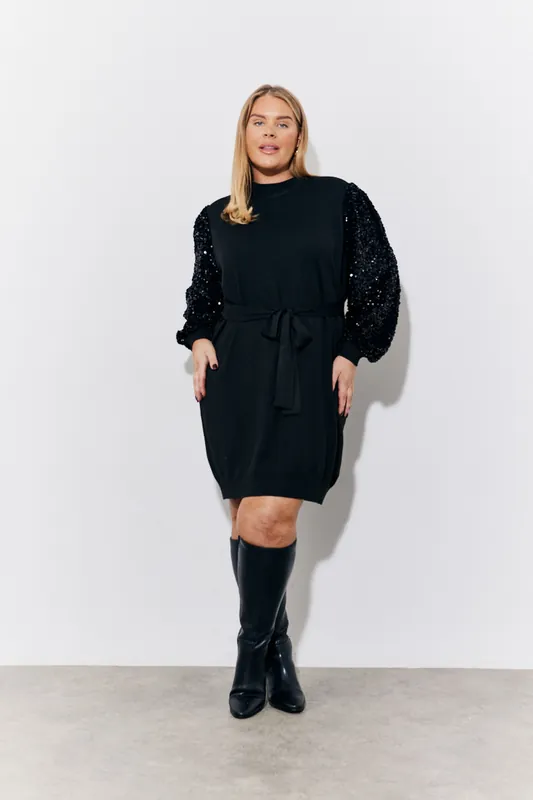 Black Sequin Balloon Sleeve Knitted Belted Jumper Dress - In The Style