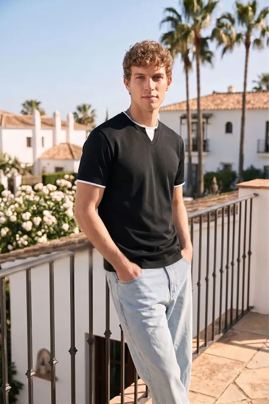 Short Sleeve Layered T-Shirt with Notched V-Neck
