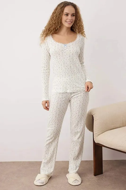 Ditsy Floral Lace Trim Scoop Neck Long Sleeve Ribbed Pyjama Set - WOVCOR