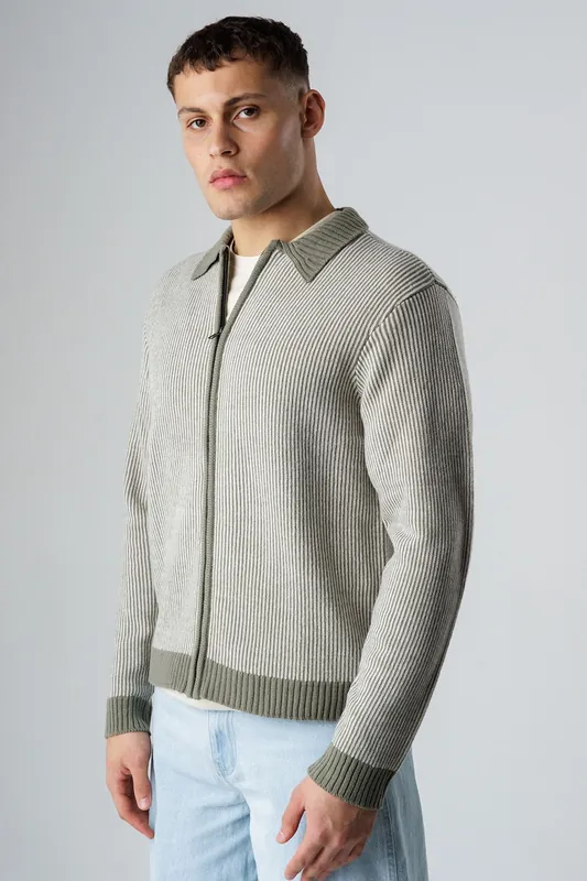 Pinstripe Zip-Through Collared Knit Cardigan