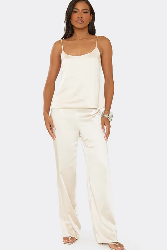 Wide Leg Satin Mid Rise Trousers - EGO