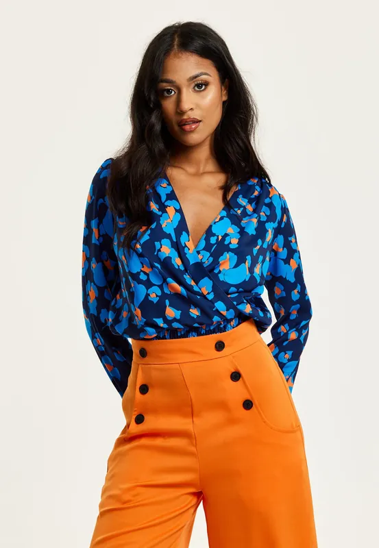 Abstract Print Wrap Top In Pink Orange And Blue - Liquorish