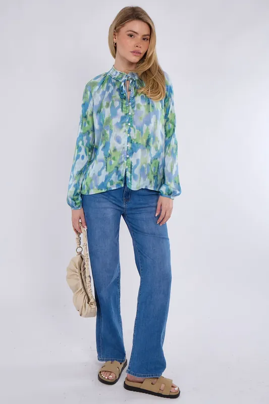 Blue and Green Tie Dye Print Tie Lace Satin Blouse - Love Sunshine