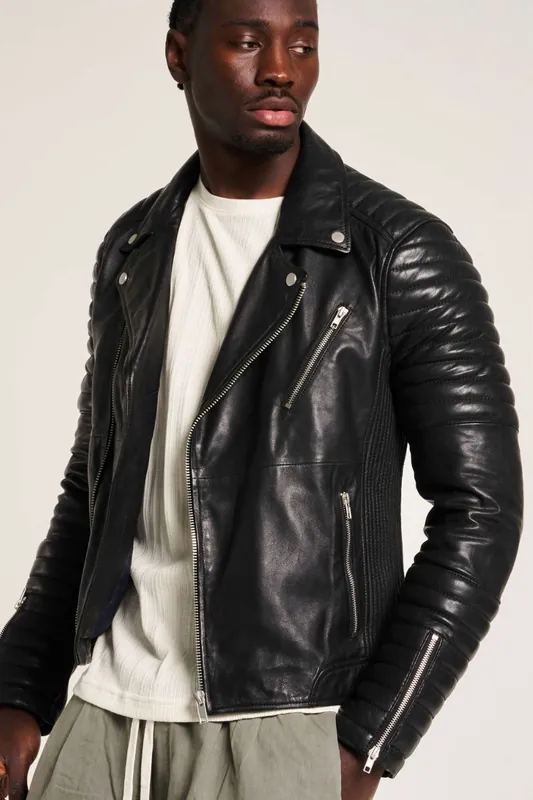 Real leather Biker with Ribbed Sleeves - Barneys Originals