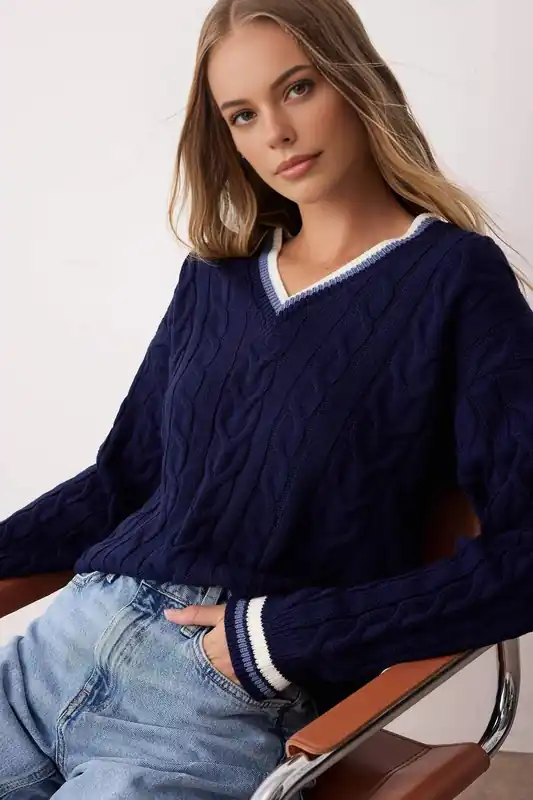 Cable Knit V Neck Contrast Trim Jumper - WOVCOR
