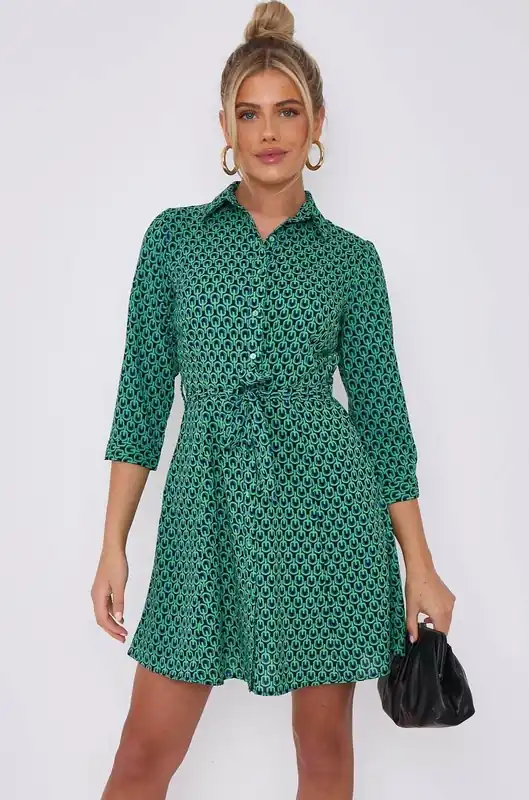Green Geo Print Belted Mini Shirt Dress - Love Sunshine