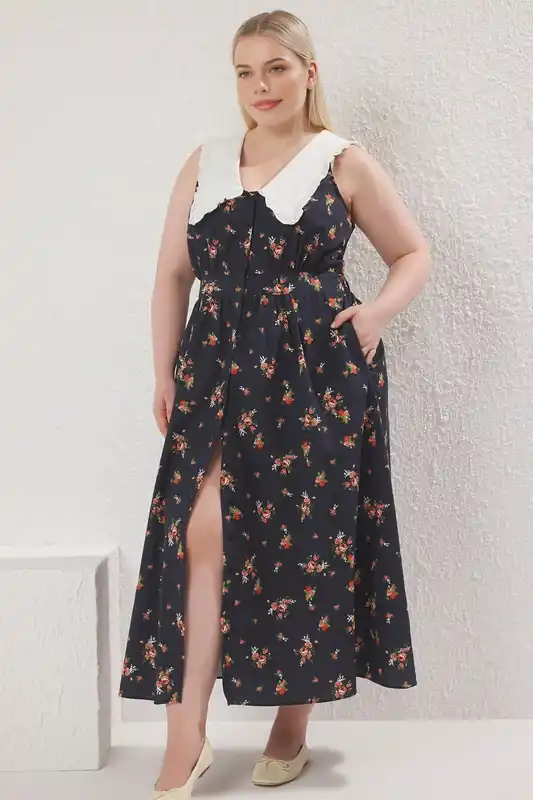 Floral Print Contrast Collar Button Front Midi Dress - WOVCOR