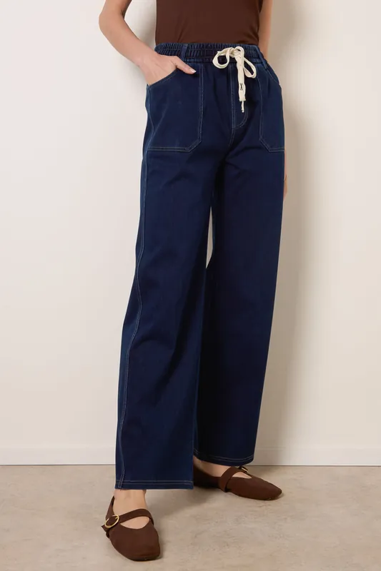 Navy Contrast Drawstring Waist Wide Leg Trousers - Blue Vanilla