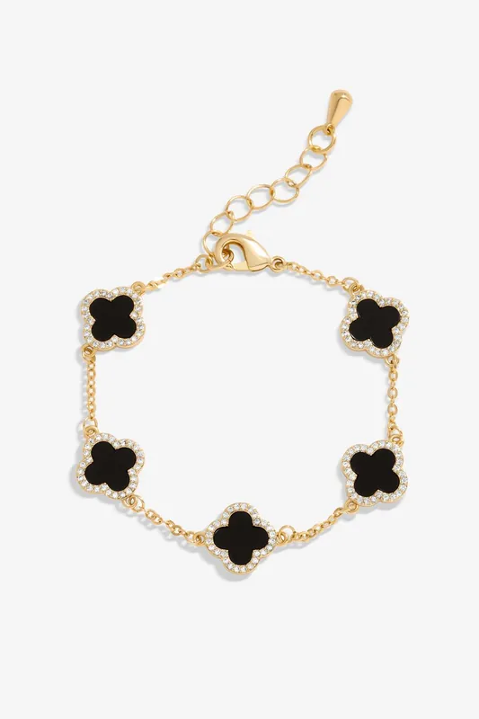Gold Plated Jet Enamel Clover Bracelet - Jon Richard