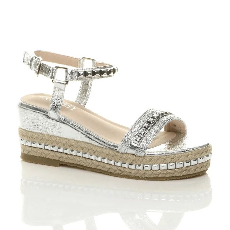 Mid Wedge Heel Studded Flatform Sandals Espadrilles - AJVANI