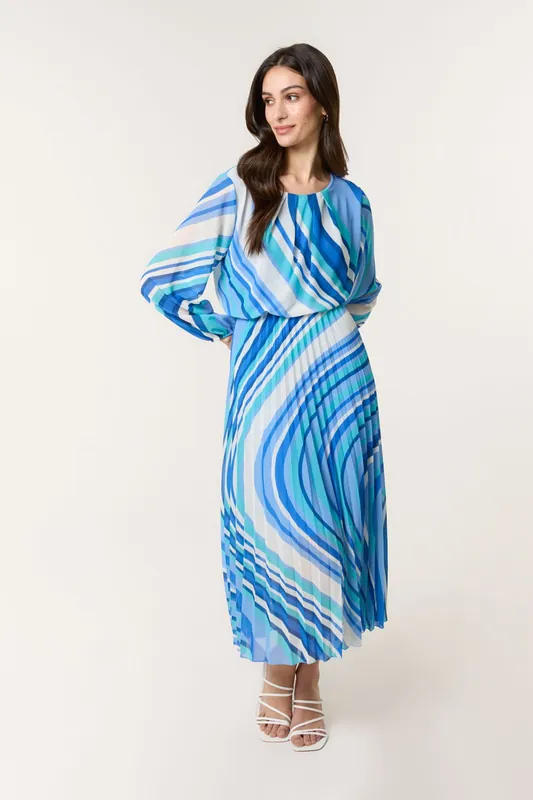 Swirl Print Pleated Round Neck Dress - Blue Vanilla