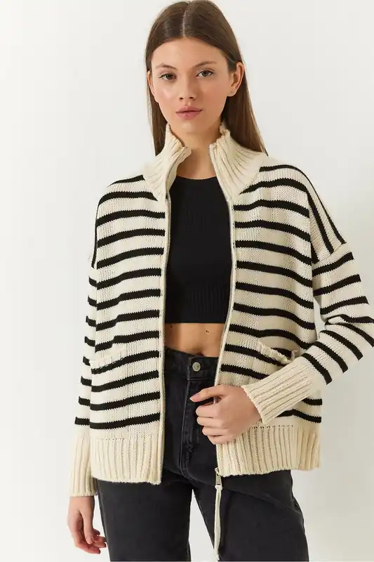 Striped Zip-Up Knitwear Cardigan with Pockets