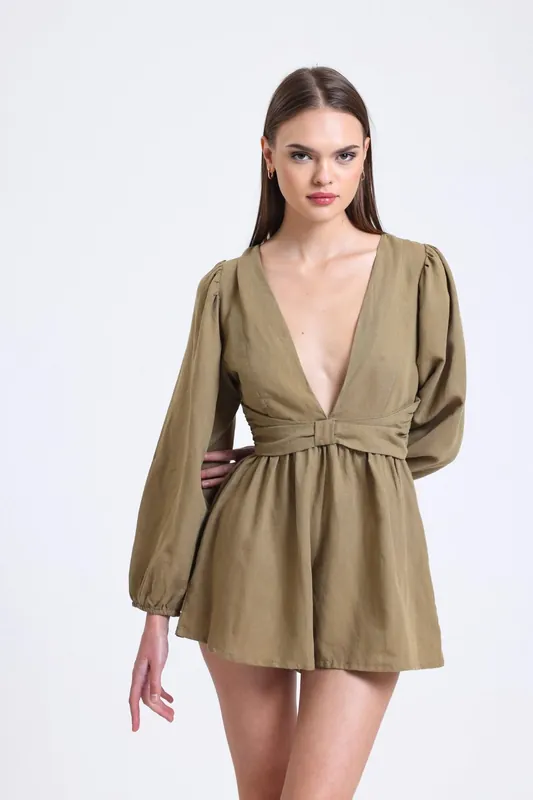 Linen Plunge Neck Long Sleeve Playsuit with a Back Cut Out - Hiccup