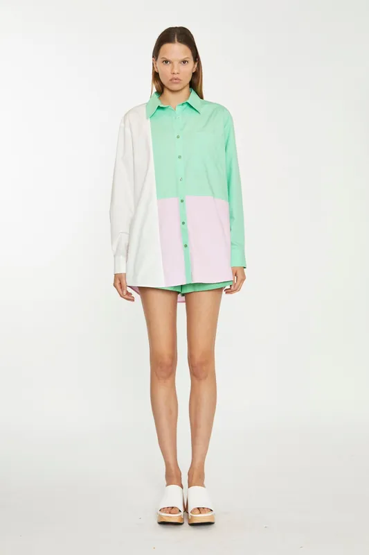 Colour Block Long Sleeve Top in White Green Pink - Shnoo